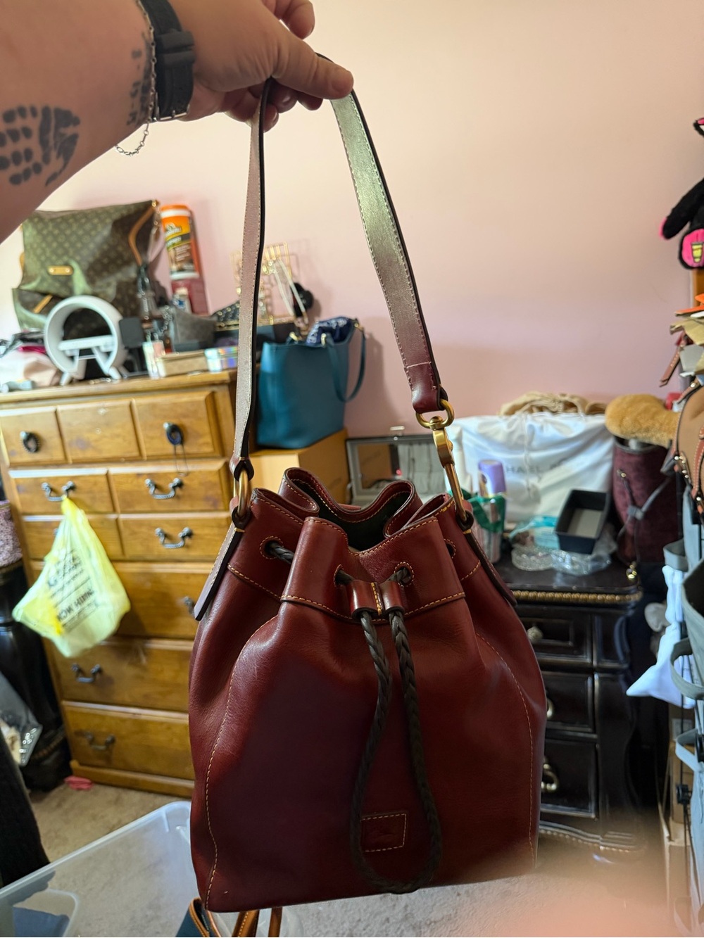 Dooney & Bourke Burgundy Leather Drawstring Shoulder Bag